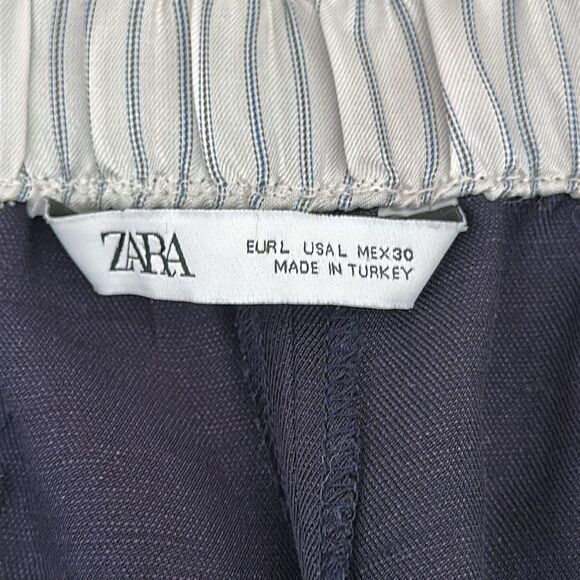 ZARA Women’s Navy Blue Rustic Linen Blend Drawstring Pants Size L - Picture 5 of 10